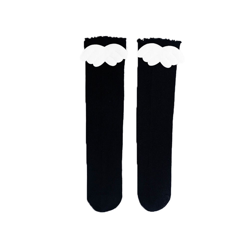 Enfants filles bas couleur unie coton Long Tube chaussettes pour filles belle -né enfants fille côtelé bas avec des ailes 1-8Y: Black