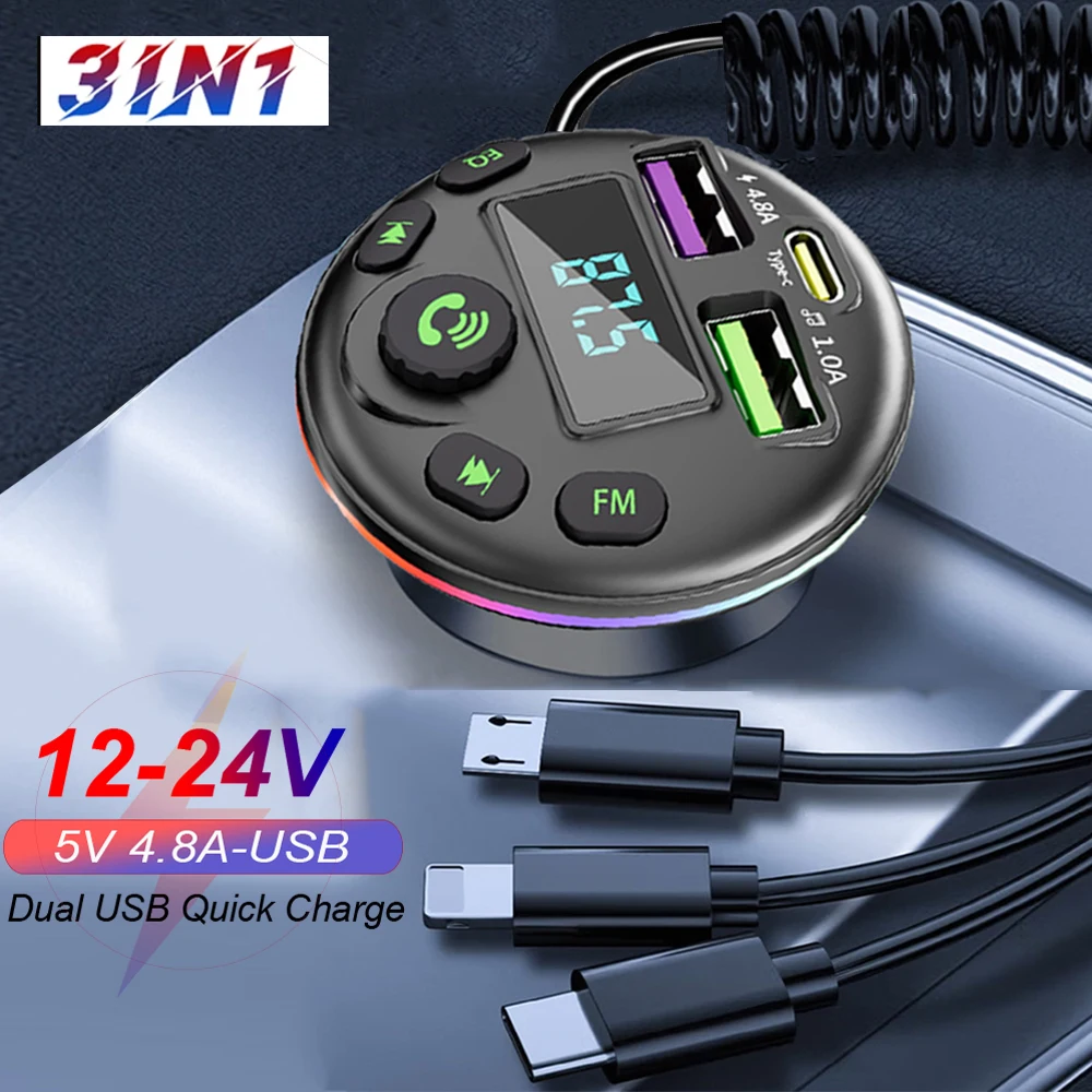 Auto Bluetooth 5.0 Fm-zender MP3 Modulator Speler Handsfree Audio-ontvanger Met 3 in 1 Oplaadkabel voor IPhone Huawei Xiaomi