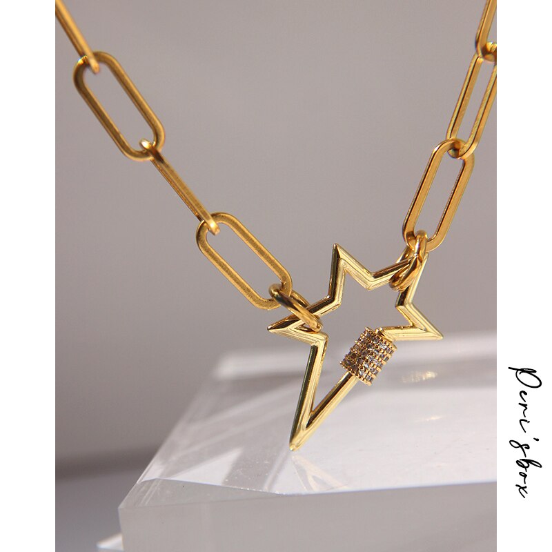 Peri'sBox Gold Color Large Paper Clip Chain with Star Carabiner Necklace Pave CZ Stone Statement Necklaces for Women