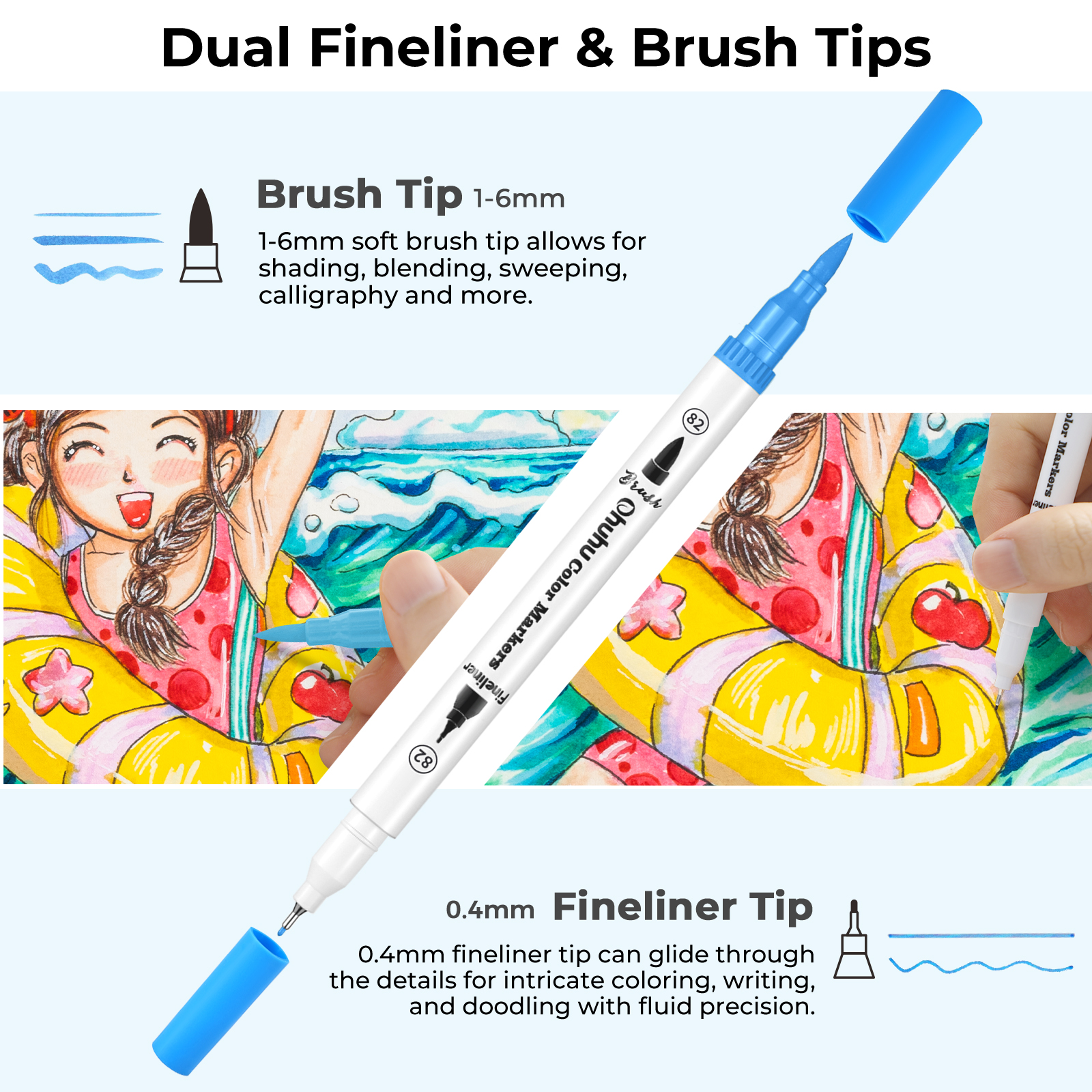 Ohuhu marcadores de arte de doble punta, juego de marcadores de línea, bolígrafo de Color agua, pincel para colorear, delineador fino, pintura, dibujo, suministros escolares
