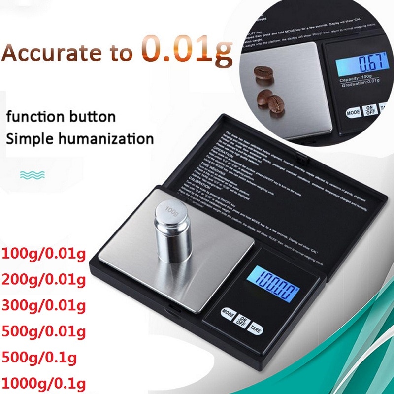 Urijk 0.01/0.1G 100G-1000G Lcd Mini Pocket Precieze Digitale Keukenweegschaal Sieraden Gold Balans weging Gram Elektronische Weegschalen