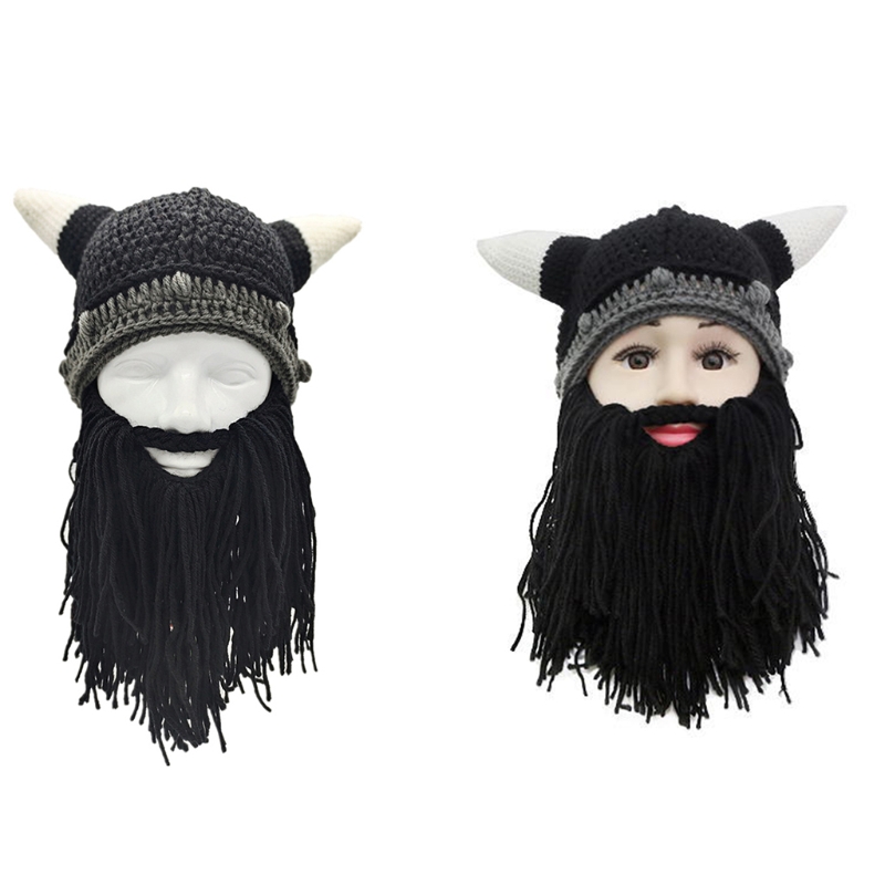 Funny Viking Beard Beanie Beard Hat Viking Horns Bearded Caps Parent-Child Knit Helmet Removable Thermal for Winter