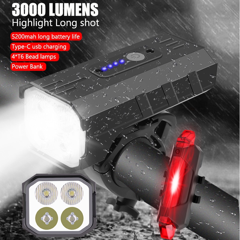 Fiets Licht 3000 Lumen 5200Mah Fiets Koplamp Power Bank Zaklamp Stuur TYPE-C Usb Opladen Mtb Road Fietsen Hoogtepunt