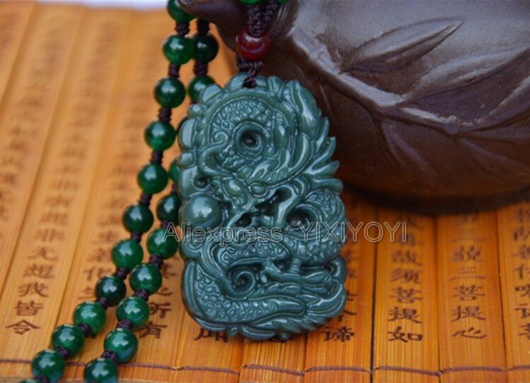 Beautiful Handwork Natural Dark Green HeTian Jade Carved Dragon Lucky Amulet Pendant + Free Necklace Certificate Fine Jewelry