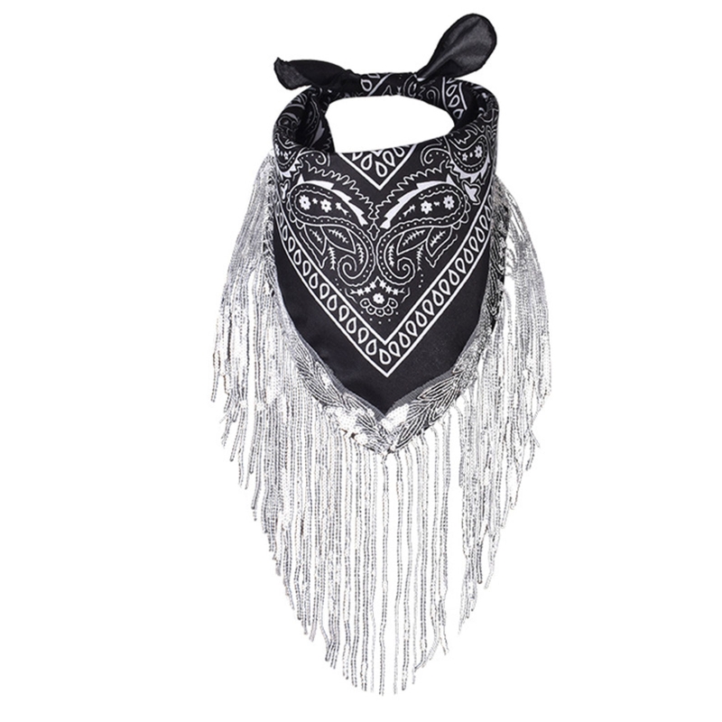 Cowgirl Bandanas Sequin Women Bachelorette Bandanas Tassel Trim Head Scarf Cowgirl Fringe Bandanas Neckerchief Bandanas: black
