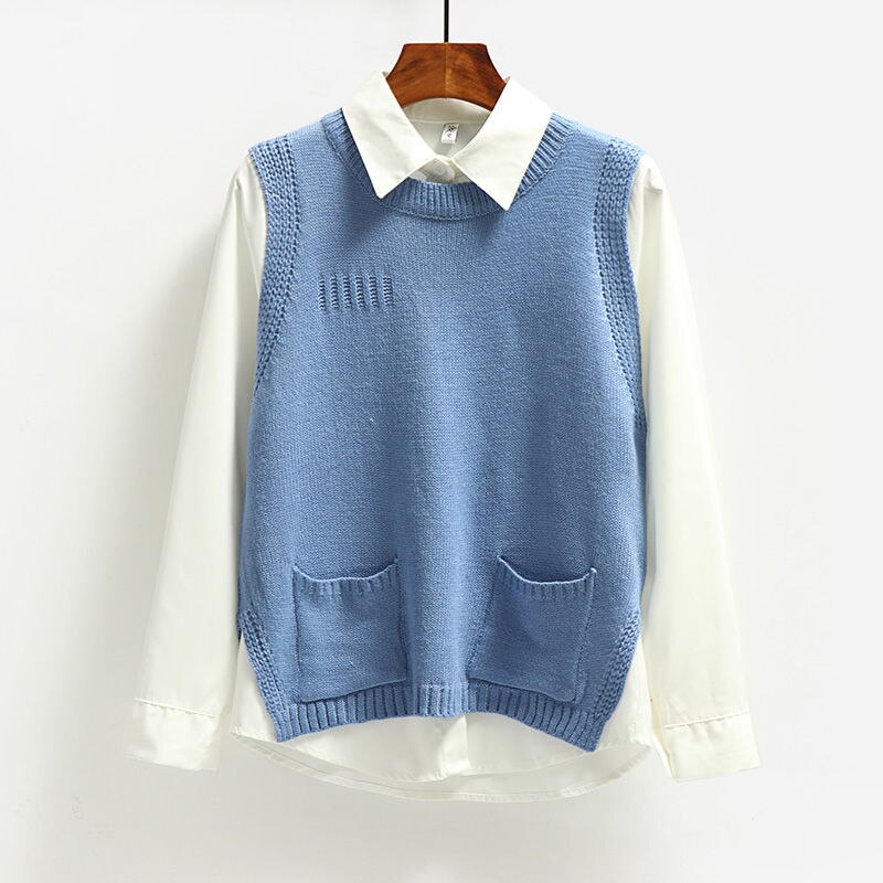 Solid ydre slid rund hals strik vest korte kvinder efterår og vinter koreansk ærmeløs vest sweater: Blå