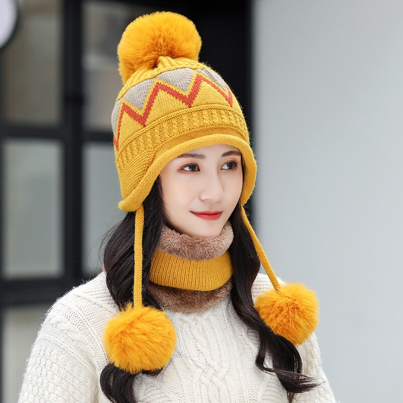 Winter Vrouwen Gebreide Muts Sjaal Twee Stukken Set Mode Wol Verdikking Hoed Kragen Vrouwelijke Warme Muts Casual Sneeuw cap: yellow