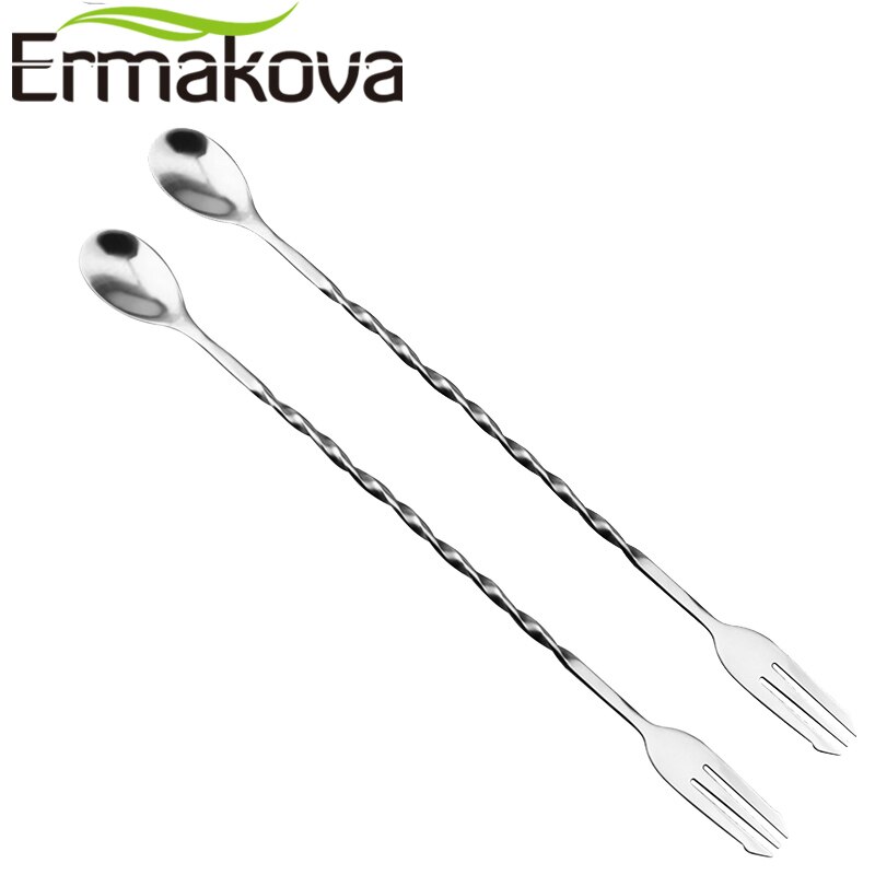 Ermakova sæt  of 2 bar ske med gaffel spiral blandeske langt håndtag snoet rustfri stål bar cocktail shaker røre ske
