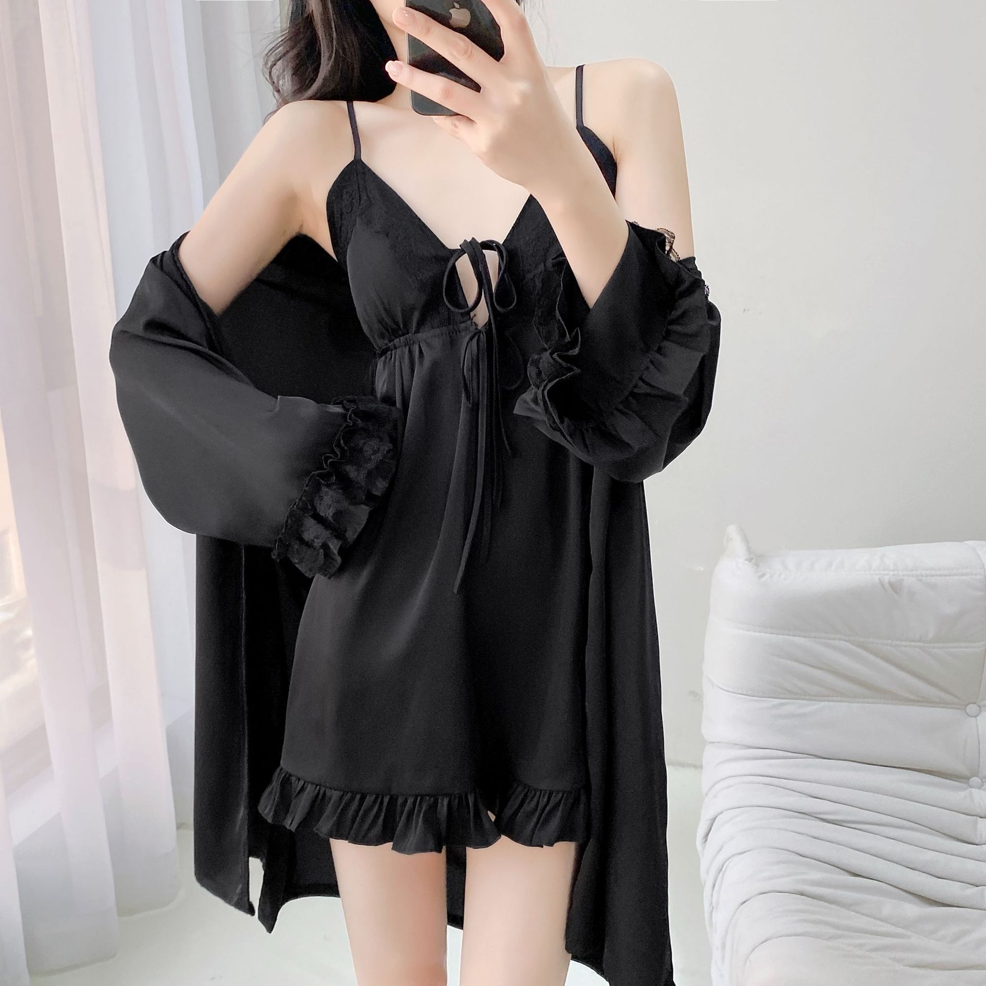 sexy kvinnelig rysjer kimono badekåpe nattkjole bryllup nattøy og morgenkåpe sett sommer nattøy uformelt sateng hjemmeklær: L / Blå