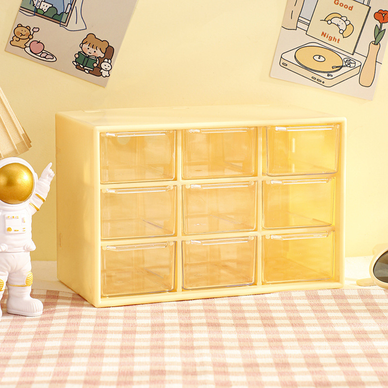 9 Grid Desktop Storage Organizer Boxes Transparent Small Drawer Partitioned Student Desk Wall-mounted Sundries Storage Box: Yellow