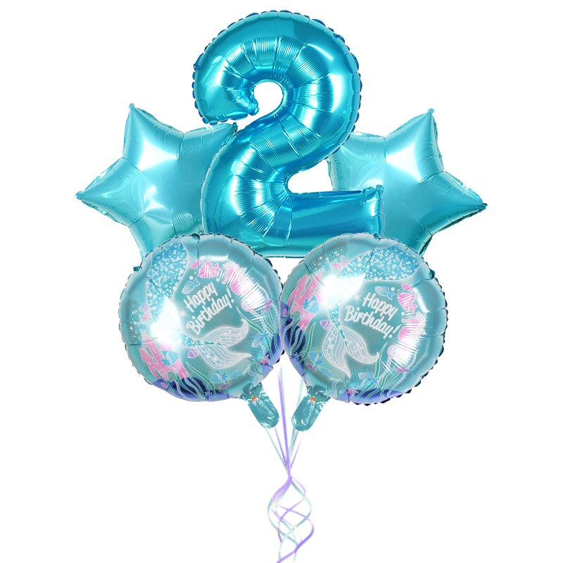 5Pcs Mermaid Theme Party Foil Balloons Little Mermaid Balloon Kids Birthday Party Decorations Mermaid Baby Shower Supplies: Number2 set
