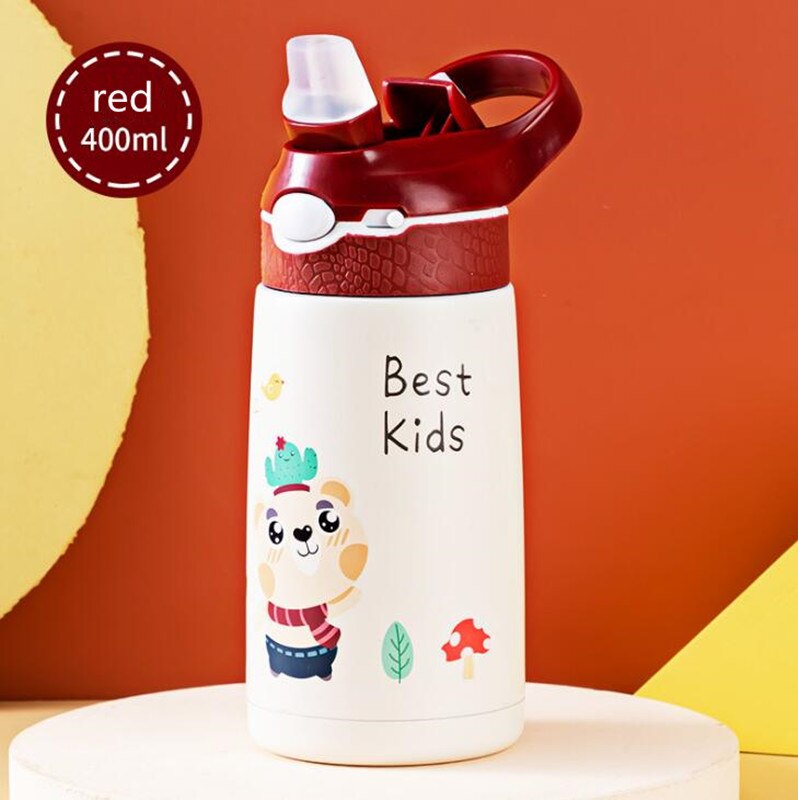 Bouteille d&#39;eau Thermos pour enfants de 400ML, tasse Thermos pour enfants, bébé canard, paille à billette, flacons sous vide en acier inoxydable 316, gobelet, tasse thermique: Red