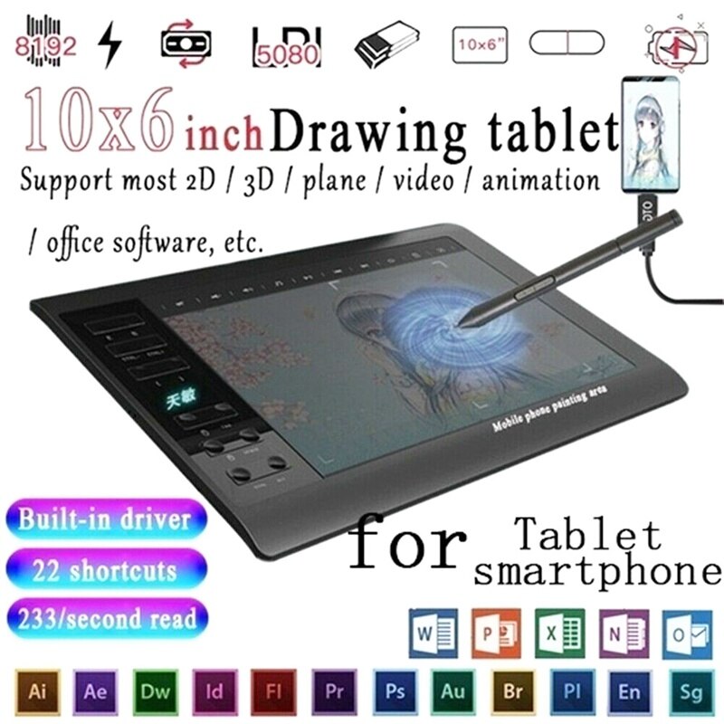 10*6'' HD Graphics Drawing Digital Tablet Monitor Pen Display 233 Point Quick Reading Pressure Sensing Universal