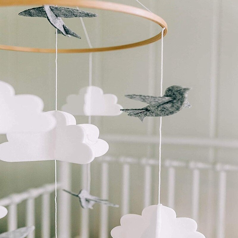 Baby Crib Mobile Vogels & Wolken Vilt Nursery Plafond Decoratie Voor Meisjes & Jongens Grijs & Wit