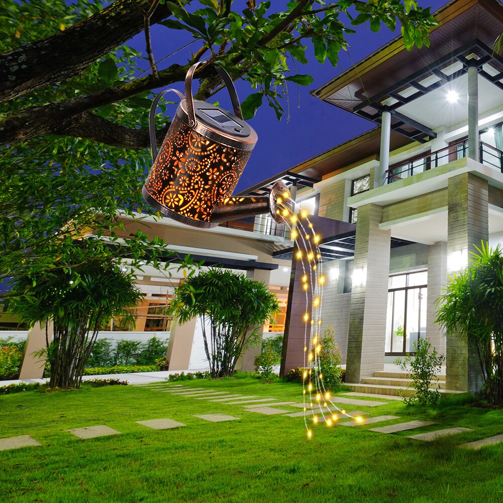 Regadera Solar para exteriores, lámpara de adorno de arte para jardín, decoración de luces LED de ducha de hierro ahuecadas, cadena de luces decorativas para jardín