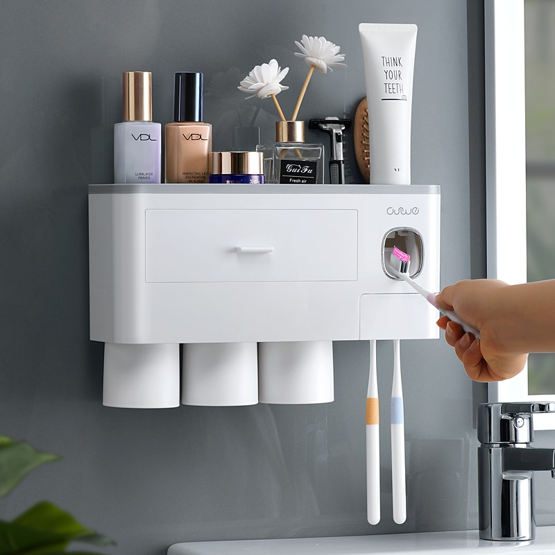 Toothbrush Holder Automatic Toothpaste Dispenser With Cup Wall Mount Toiletries Storage Rack Bathroom Accessories Set