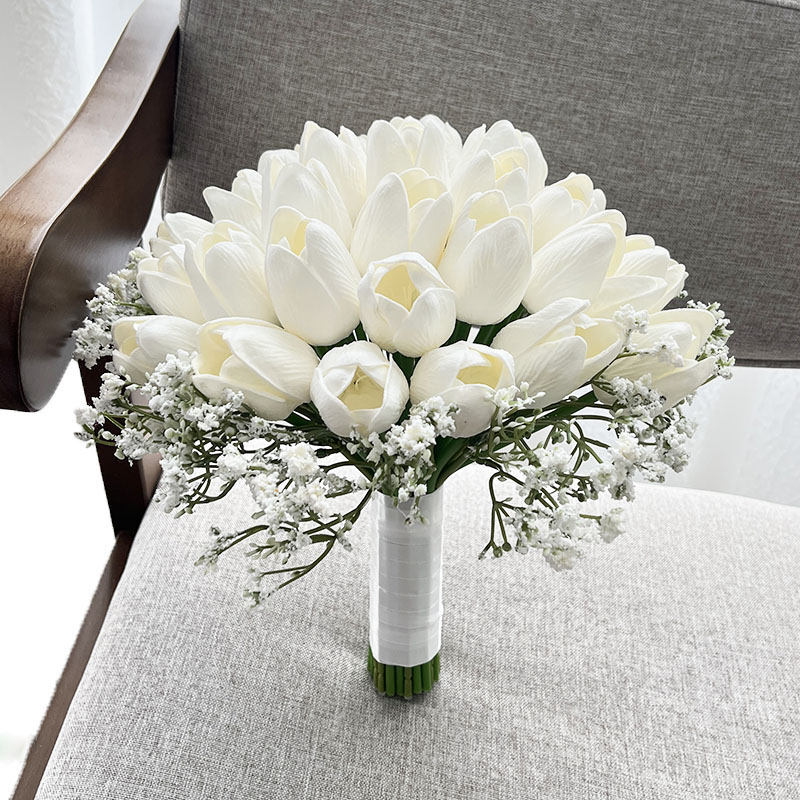 Ramo de novia, accesorios de boda, tulipanes, aliento del bebé, flores artificiales, ramo de novia, centro de mesa, decoración de aniversario