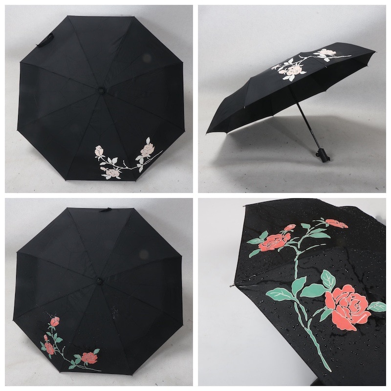 Tre foldende paraply farveændrende rosenmønster automatisk kvinder paraply sort belægning parasol vindtæt stærk paraply