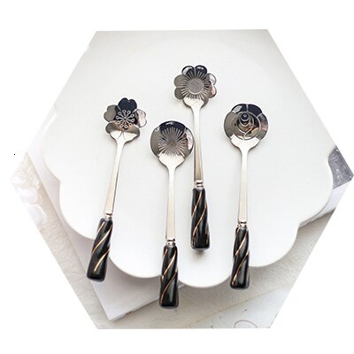 4Pcs Rvs Lepel Set met Keramische Handvat Bloemen Shape Ice Thee Koffie Lepel Dessertlepel Keuken Drinken Servies: Black silver