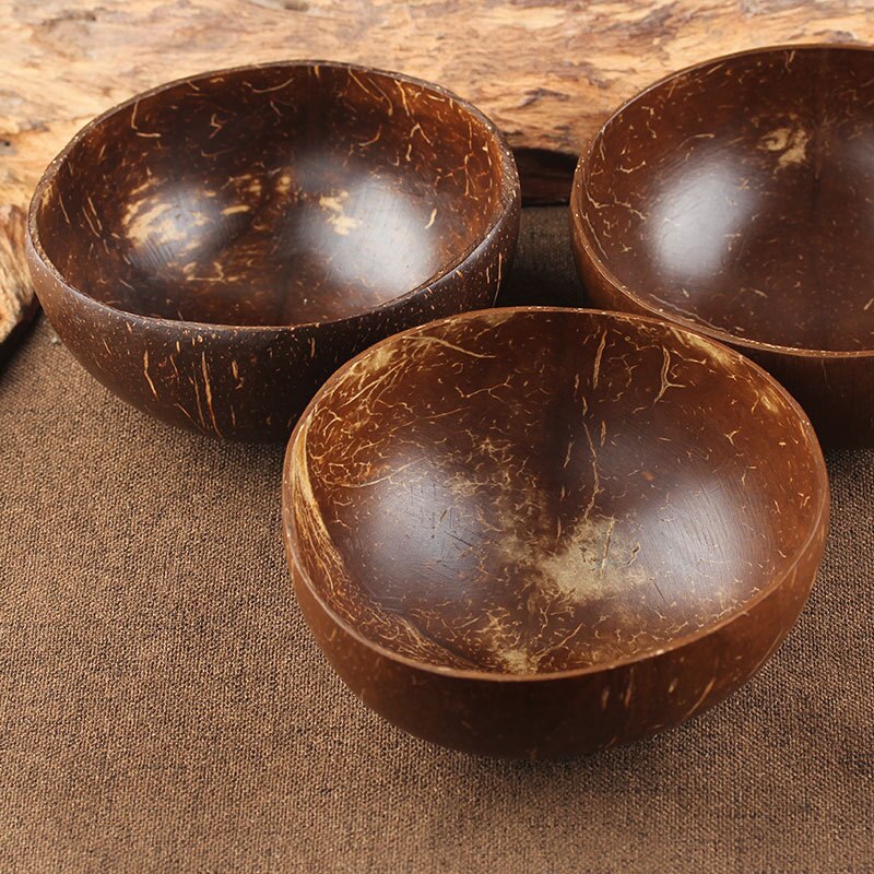 Juego de cuencos de coco Natural, cuchara para fruta, ensalada, fideo, tazón de arroz, Artesanías hechas a mano de madera, vajilla de estilo japonés para restaurante