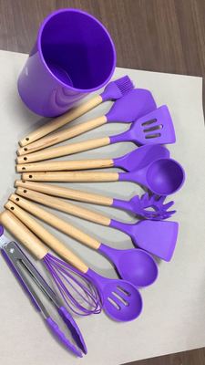 JOYLOVE 11 Uds conjunto de utensilios de cocina de silicona, mango de madera sólida rosa con caja de almacenamiento, Kit de utensilios de cocina accesorios de herramientas de cocina: Purple