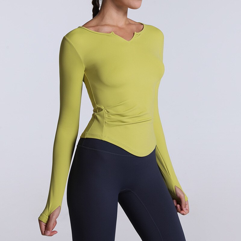 Sportliches t-shirt, langärmeliges crop-top, yogashirt mit daumenlöchern, sportbluse, trainingstop, fitnessweste, damen-yogabekleidung