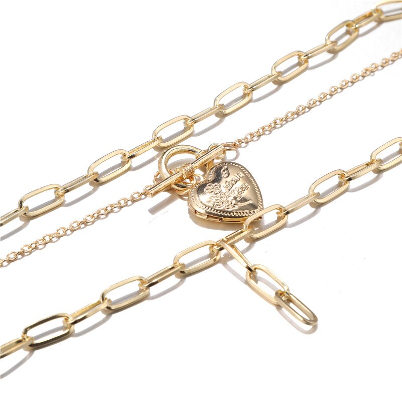 Punk gold silver color multi-layer cuban link chain necklace open heart pendant choker necklaces for women