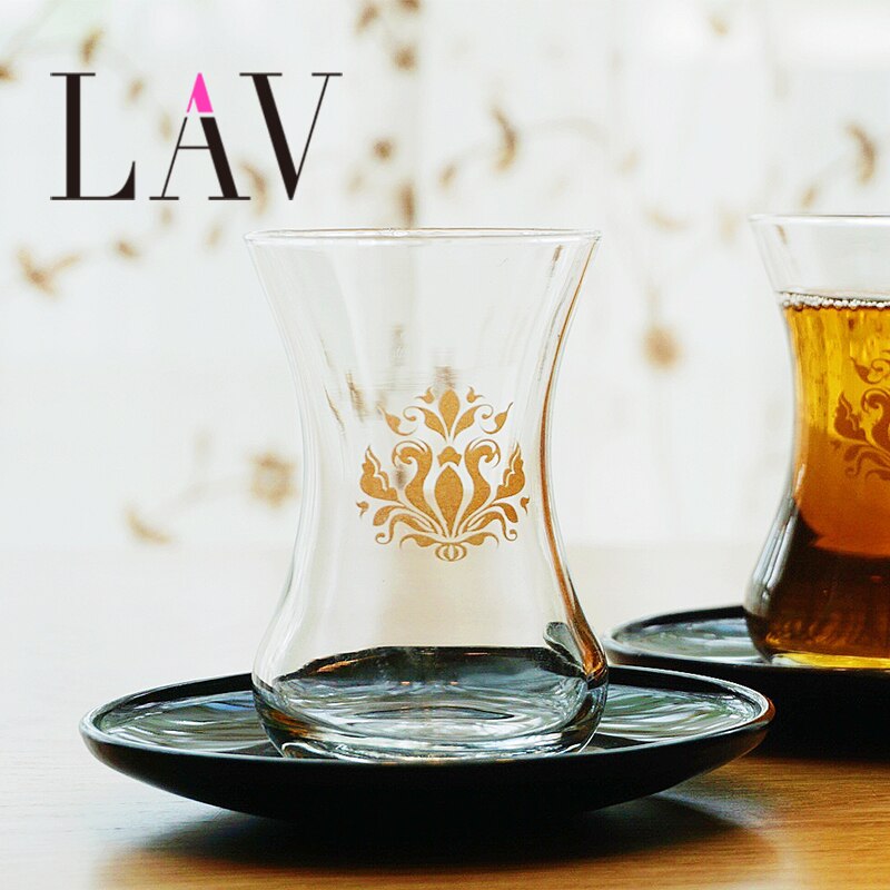 LAV Turkey Courtly Style Black Tea Cup And Saucer Kits Slim Waist Gold Leaf Pattern Espresso Coffee Mug Shot Glass Teacup Sets