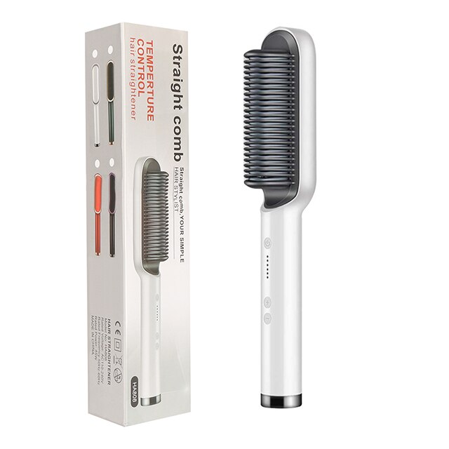 Multifunctional Hair Straightener Brush 2 In 1 Heating Hair Comb Brush Anti-Scald Iron Straightening Brush Styler Tools: White with Box