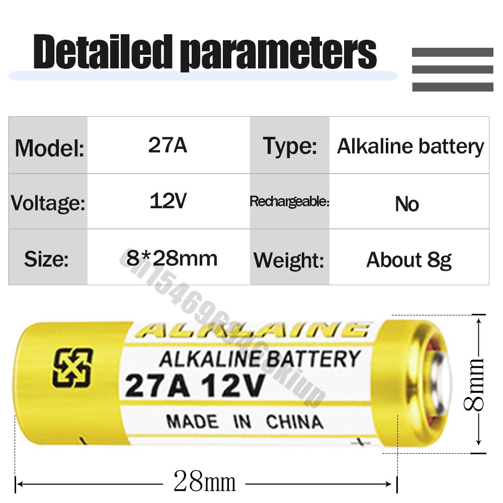 2 Stuks 12V Droge Alkaline Batterij A27 27A G27A MN27 MS27 GP27A L828 V27GA ALK27A A27BP K27A VR27 R27A voor Deurbel Auto Afstandsbediening Speelgoed