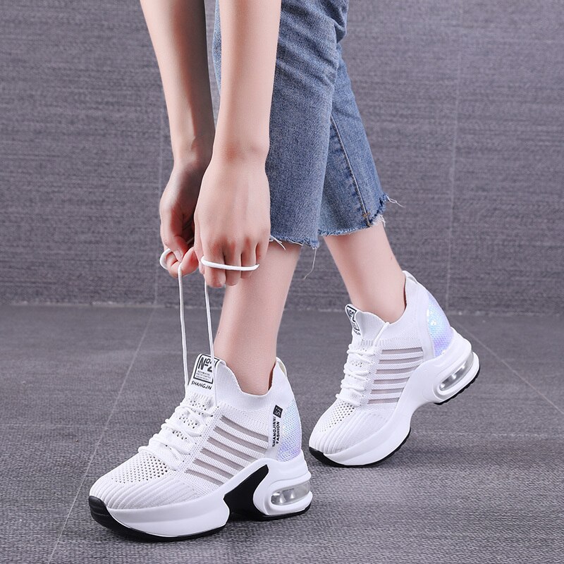 Women Sneakers 9 CM High Heel Women Bling Shoes Mesh Wedge Casual Shoes Summer Breathable Walking Shoes