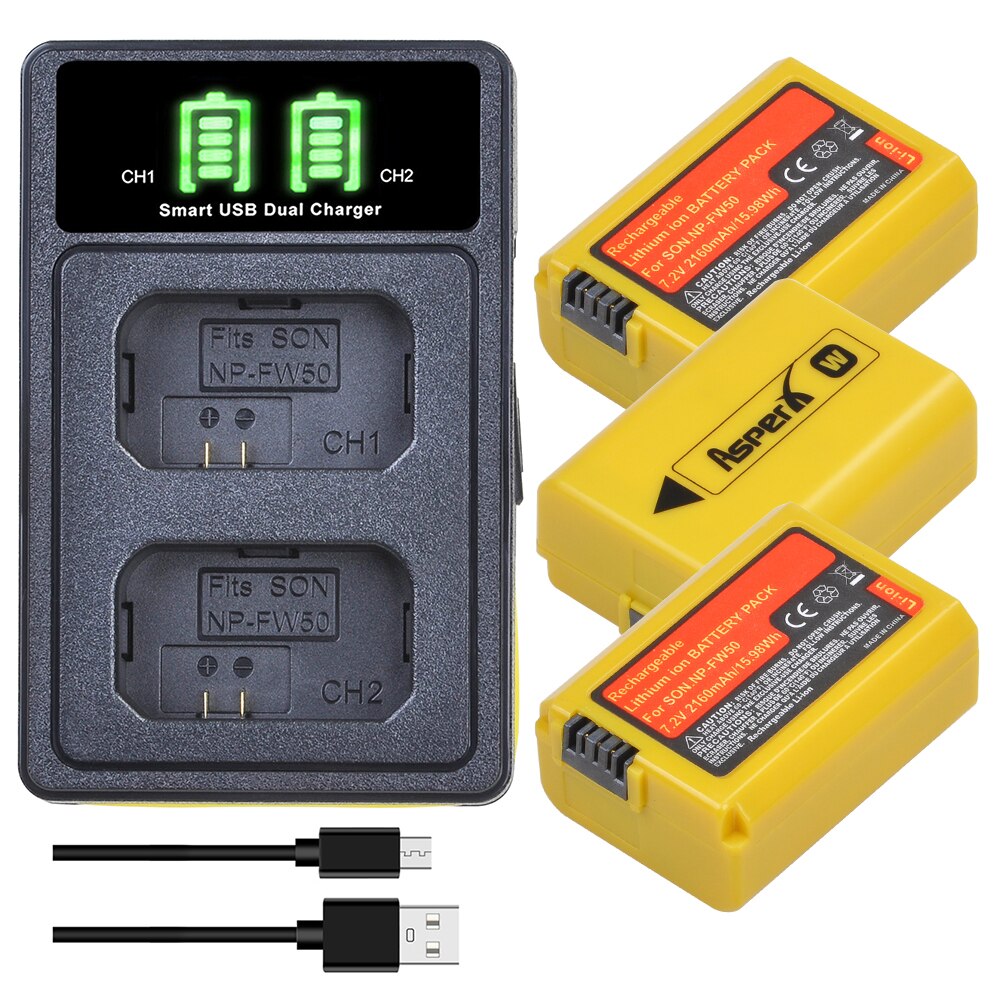 2160 mah gult np -fw50 batteri til sony np  fw50, a6000, a6500, a6300, a6400, a7, a7ii, a7r ii , a55,  nex -3n, rx10 iii , rx10 mk iv: 3 batteri og oplader
