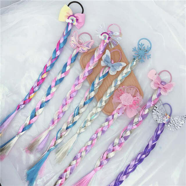 Diadema trenzada de mariposa con lazo de dibujos animados para niña, soporte para cola de caballo, bandas de goma, accesorios para bebé, peluca
