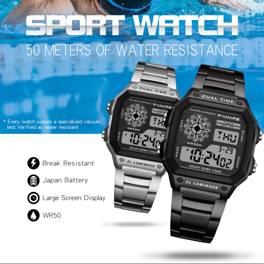 Rvs Horloge Mannen Waterdichte Multifunctionele Sport Horloge Vierkante Elektronische Horloge Luxe Armband Klok Zegarki