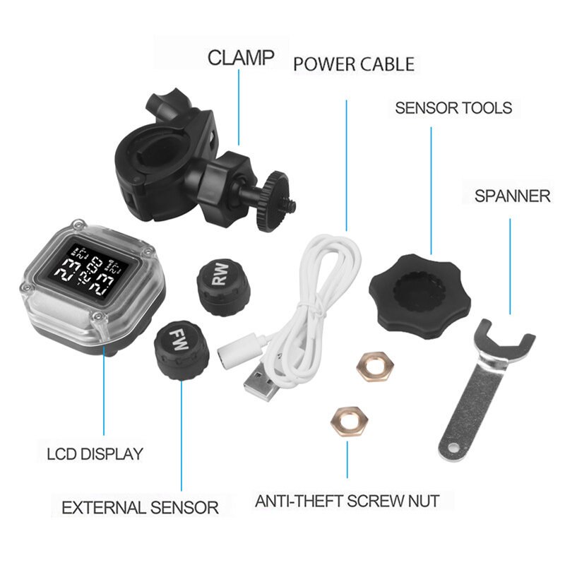 Waterproof Smart Charging Motorcycle TPMS Motor Tire Pressure Tyre Temperature Monitoring Alarm System with 2 External Sensors