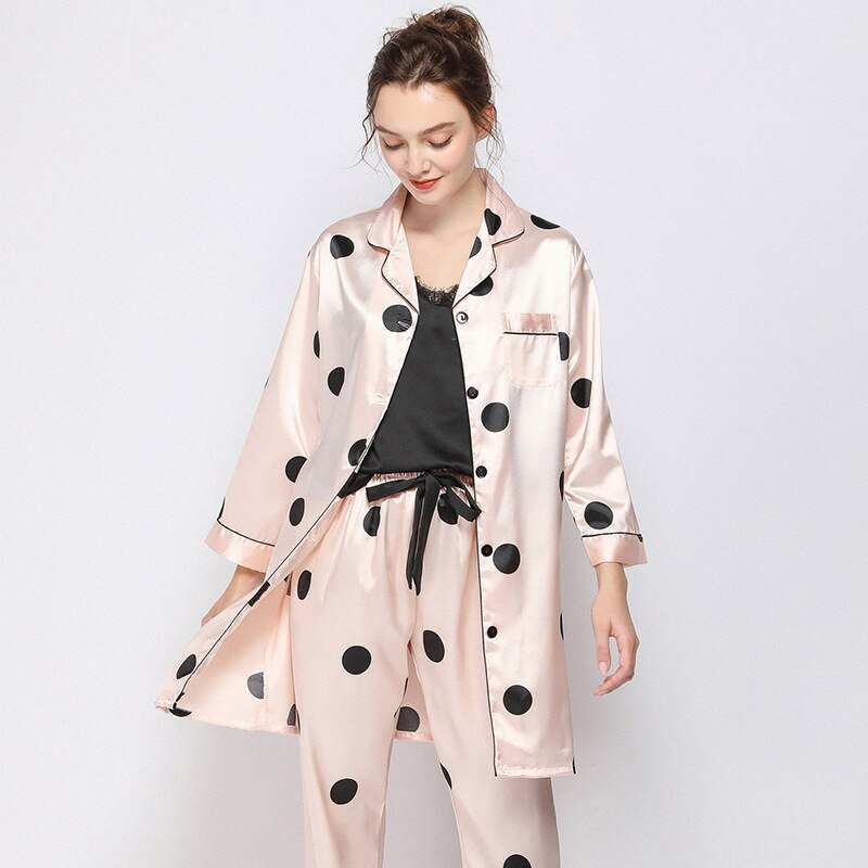 JULY'S SONG 3 Pieces Polka Dots Women Pajamas Set Faux Silk Sling Sleepwear Long Sleeve Trousers Pyjamas Spring Casual Nightwear: color 02 / L