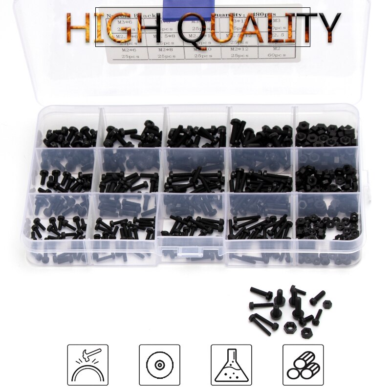 480pcs M2 M2.5 M3 Nylon Round Head Phillips Screw Bolts Hex Nuts Set Black White Plastic Screws Assortment Kit