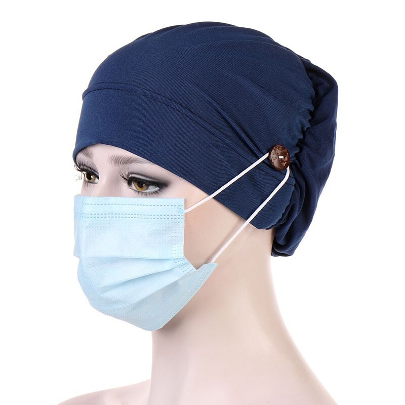 Women Turban With Button Simple Solid Color Head Wrap Mask Holder Headscarf Female Muslim Caps Ladies Casual Turbantes Headwear