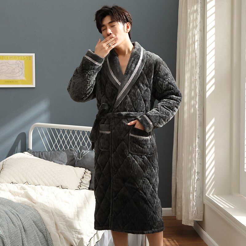 Hombre franela de punto acolchado bata larga Spa cómodo suave sólido invierno bata hombre Pijama L-XXXL