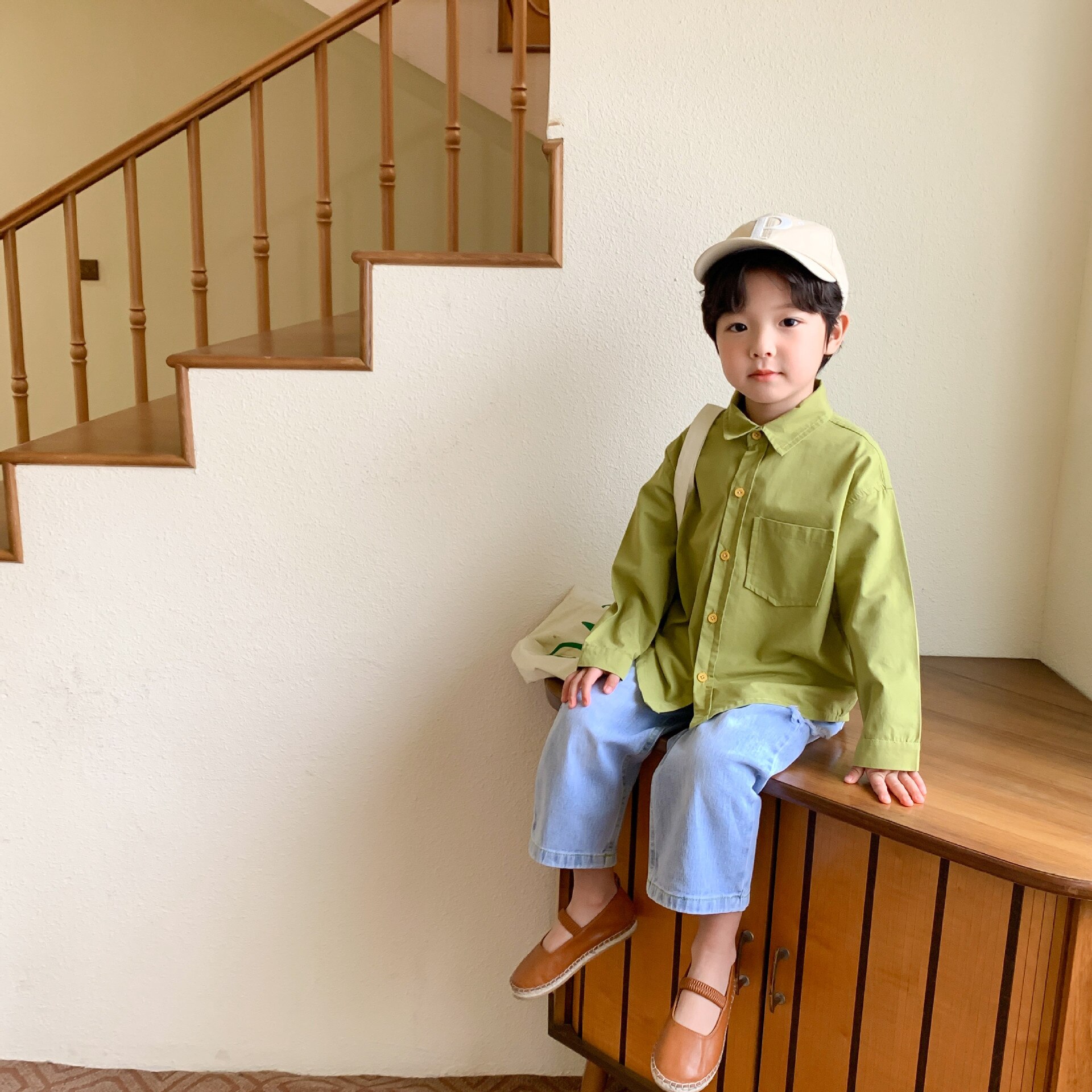 Camicie di cotone verde Avocado per ragazzi e ragazze moda colletto rovesciato casual maglie a manica lunga
