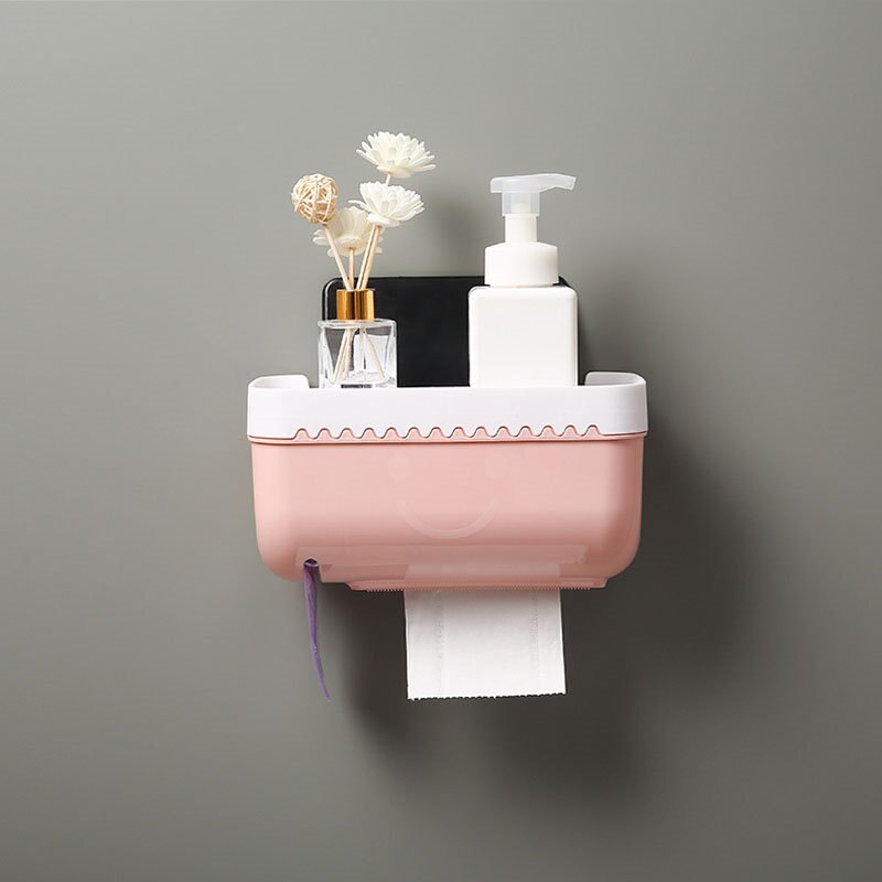 Mobiltelefon rackopbevaring hylde papirhåndklæde kasse vandtæt toiletpapir rulleholder badeværelse tissuekasse dispenser vægmonteret: Lyserød