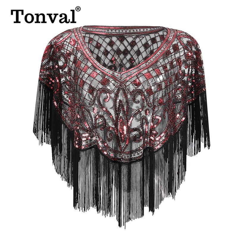 Tonval Vintage 1920s Scarves Pashmina Tassel Beaded Flapper Shawl Women Luxury Sequin Mesh Cape Cover Up Shawls and Wraps