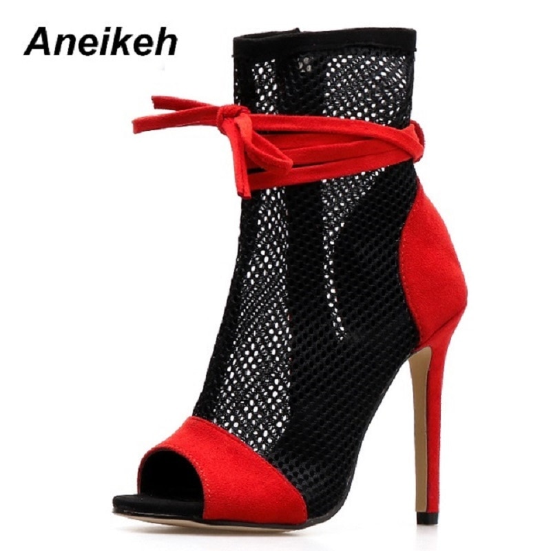Aneikeh couleur assortie maille bottines été dames bout pointu talons hauts pieds nu sangles chaussures Stiletto