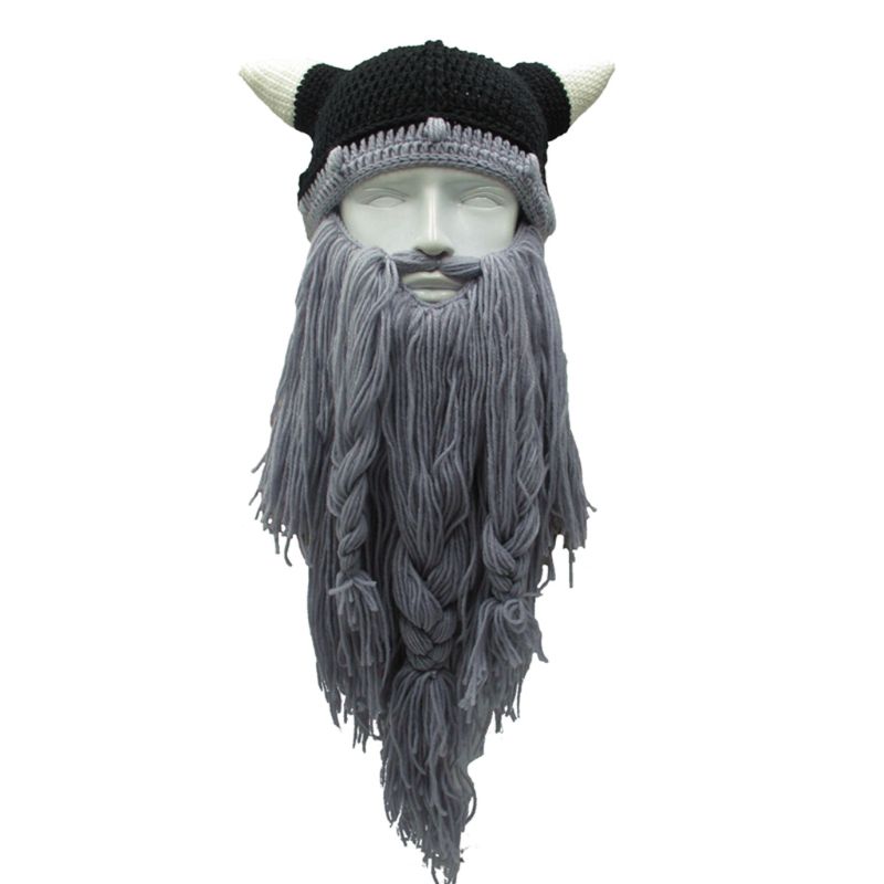 Adulto loco divertido Cosplay de Halloween de punto vikingo barba cuerno sombrero esquí máscara salvaje Vagabond Vintage Beanie Cap invierno más cálido