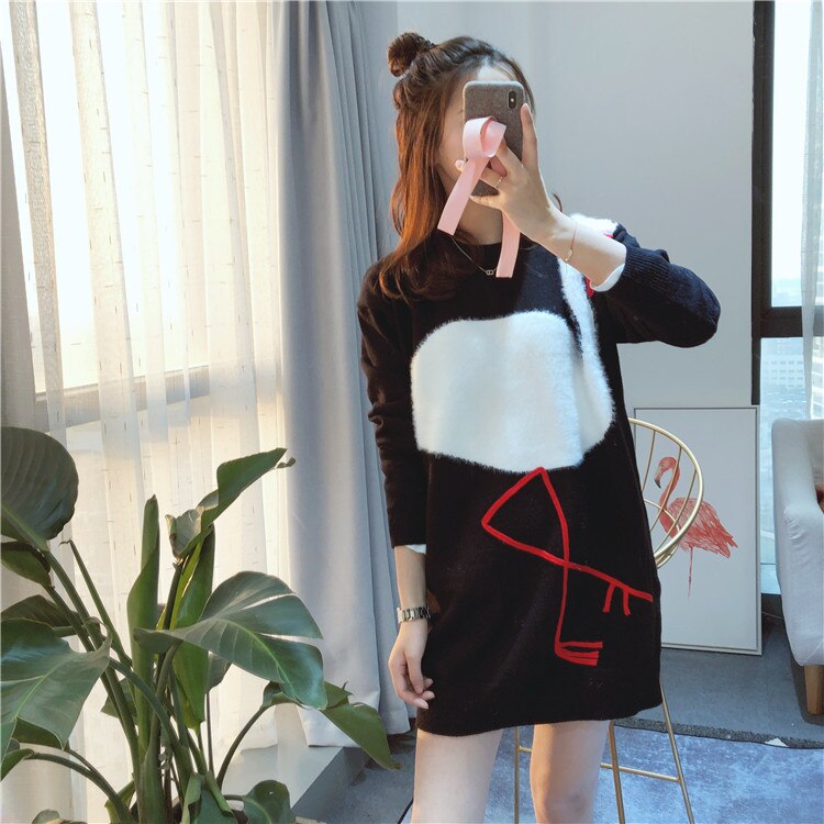 Women Sweaters Dresses Knitted Long Pullovers Blouse Shirts Female Tops Embroidery Animal C-080