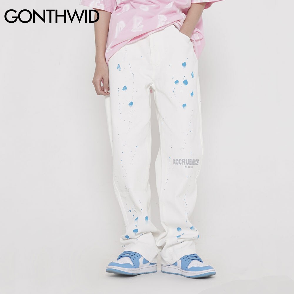 GONTHWID Jeans Men Hip Hop Streetwear Casual Graffiti Print Baggy Denim Pants Harajuku Loose Zipper Button Trousers Male
