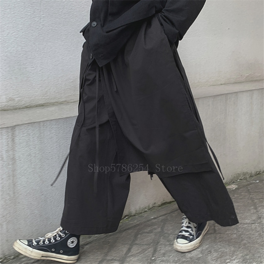 Japansk samurai kostume sommer mænd bukser bomuld uregelmæssig bandage ben bukser sort streetwear harajuku kimono