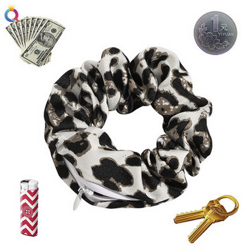 Women Satin Zip Scrunchies Elastic Velvet Hairbands Leopard Crunchy Hair Ties Pocket Scrunchie Holder With Zipper Headwear