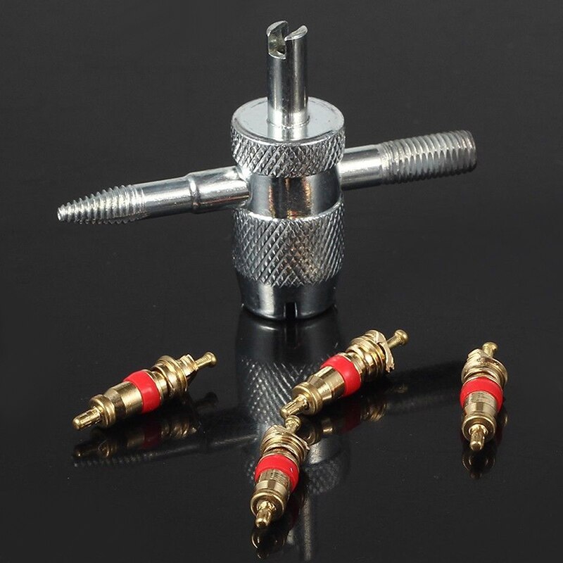 4 Way Tyre Valve Repair Remover Tool Car Bike Tire Accessory + 4 Valve Stem Core