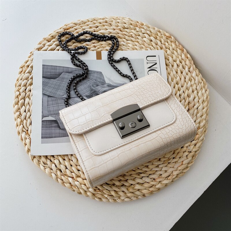 Krokodillenpatroon vierkante crossbody tas zomer pu leren dames handtas ketting schoudertas messenger bag: 19 cm beige